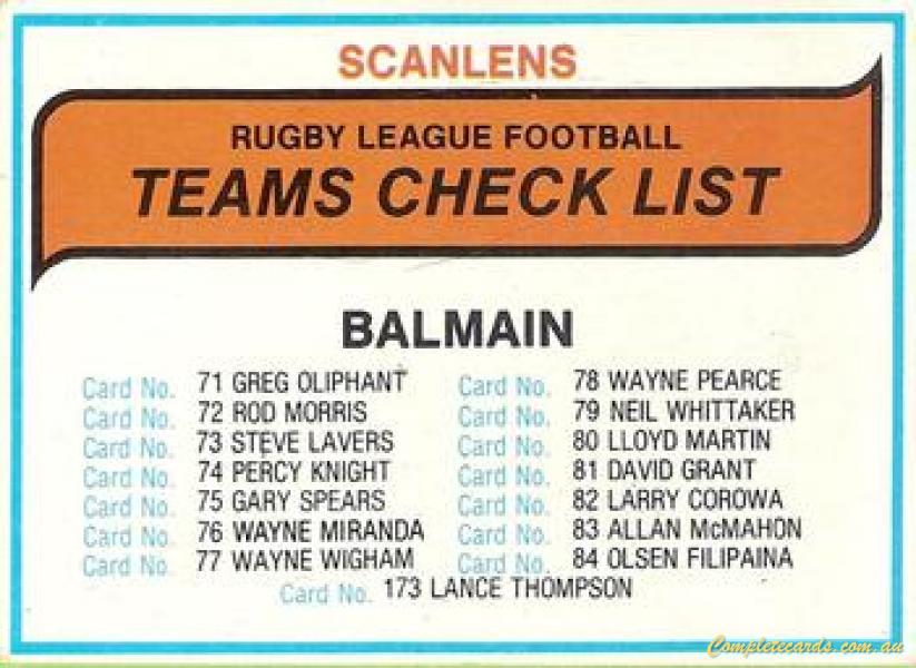 1980 Scanlens Checklists