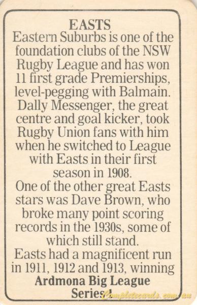 1981 Ardmona NSWRL Rugby - Eastern Suburbs