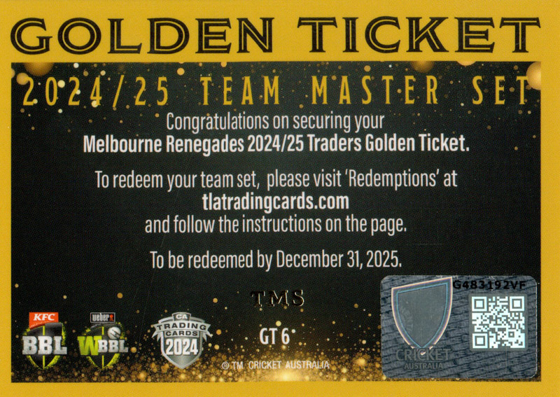2024-25 TGI Cricket Traders - Golden Ticket - Melbourne Renegades back
