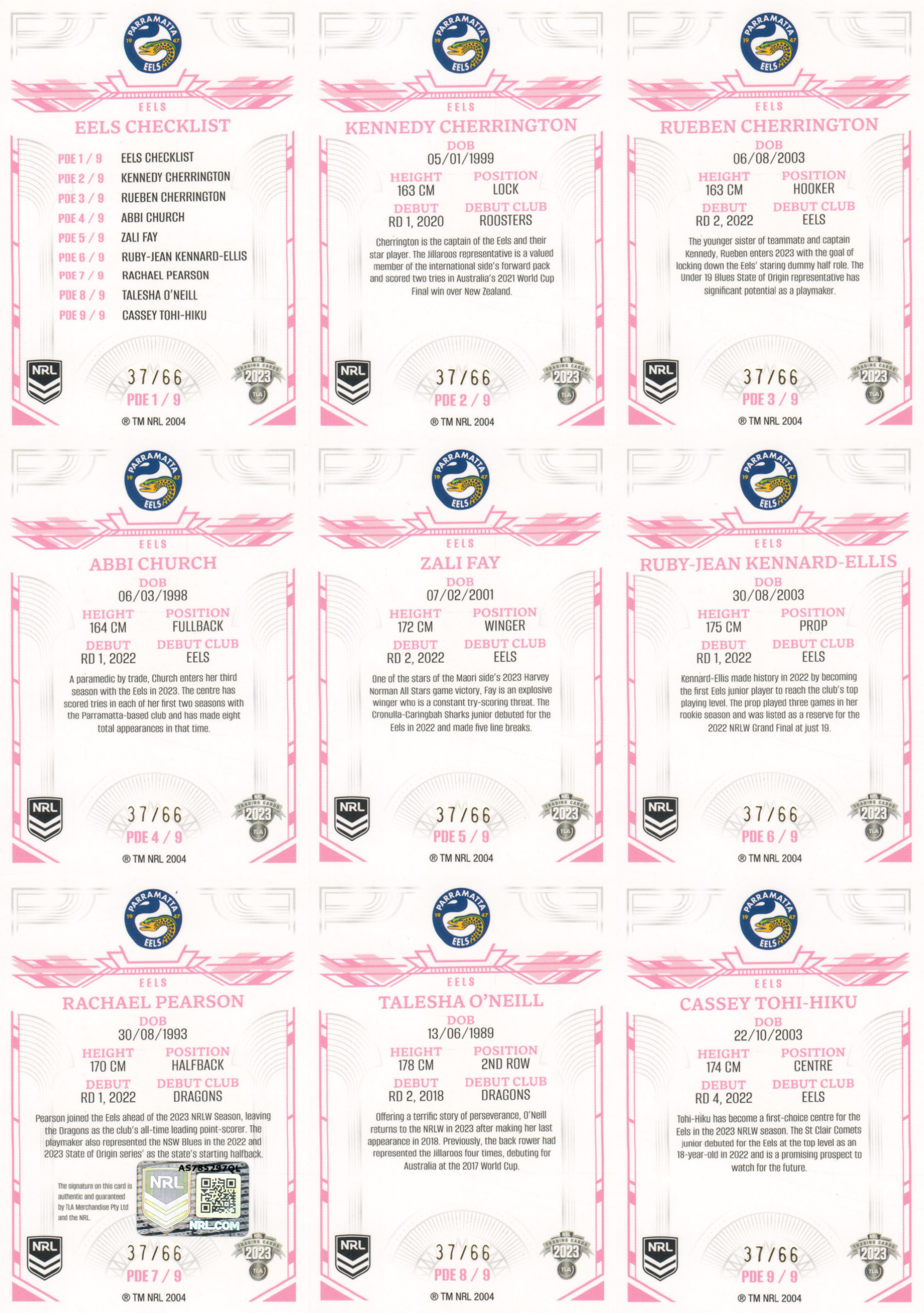2023 NRL Elite - Parramatta Eels NRLW Pink Diamond Full Set back